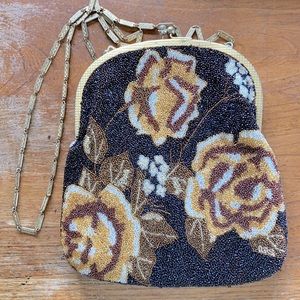 Antique rose pattern beaded bag & brass tone strap